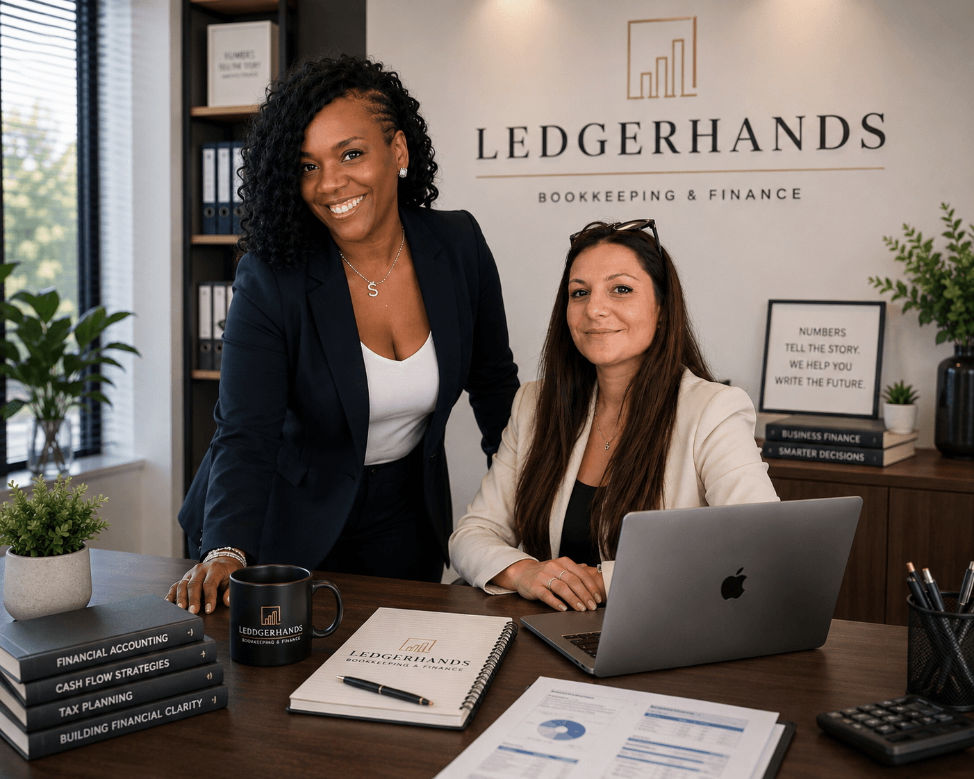 Sonya and Nena, the team behind Ledgerhands, working together in their office